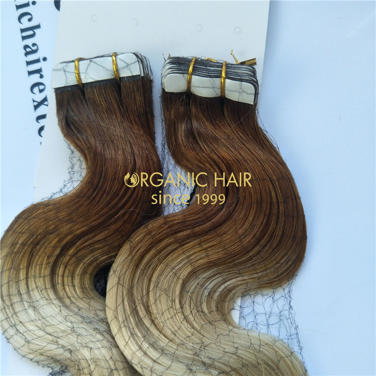 Human hair extensions tape in ombre color body wave X82